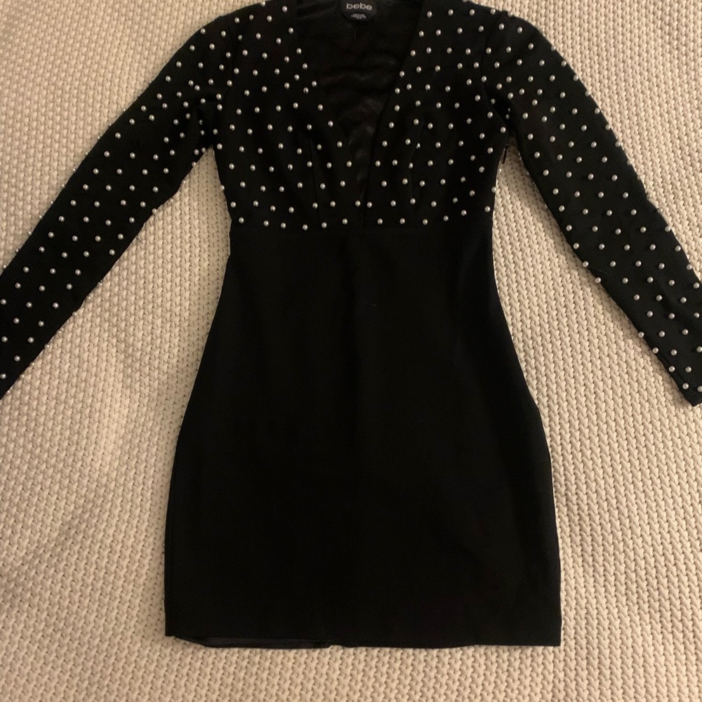 Bebe Black Bodycon Dress with Cuffed Long Sleeves and V-Neck